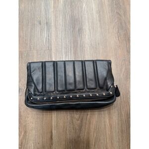 Monika Chiang Black Leather Quilted Foldover Clutch Rose Gold Studded Bag